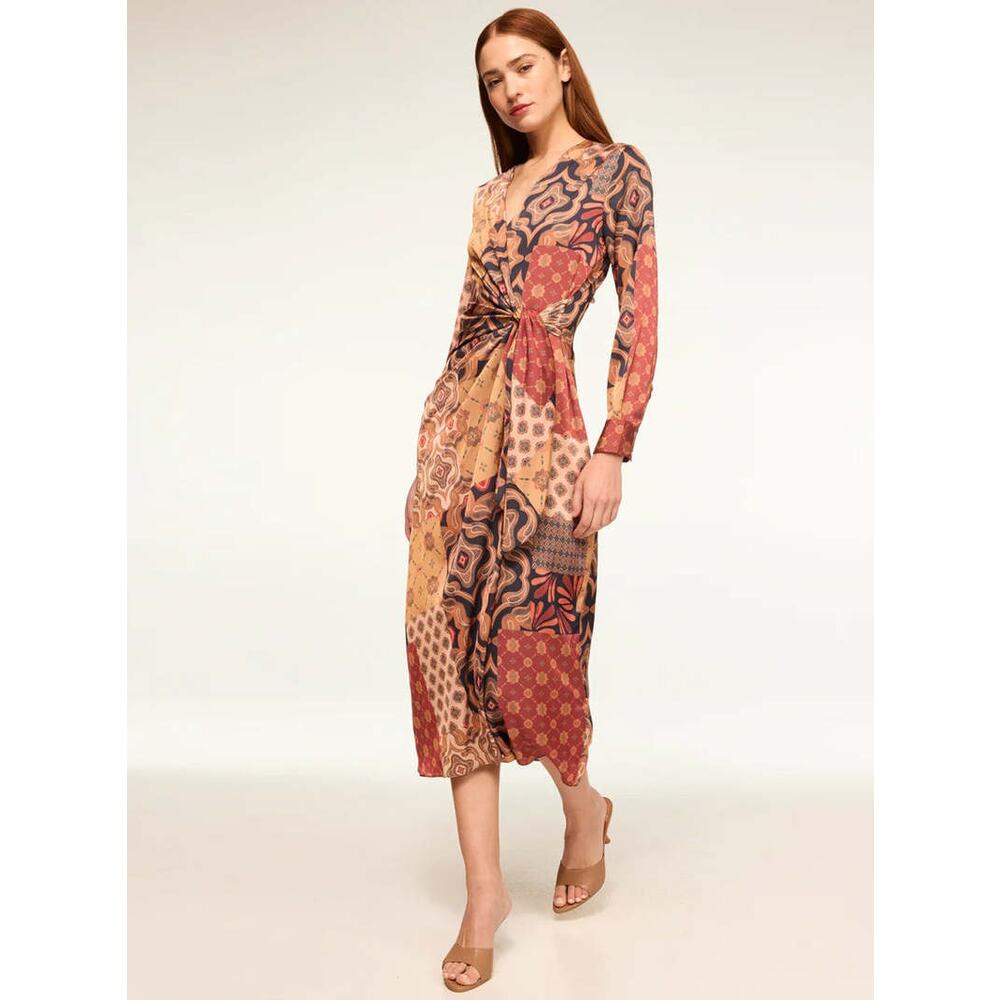 MISA Eliza Patchwork Wrap Dress Brown Mixed Print Slit Long Sleeve Sz‎ S